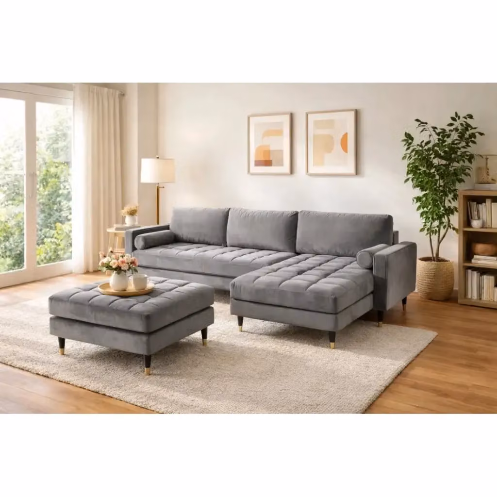Divano angolare KOLIRI grigio in velluto con pouf e poggiatesta regolabile, struttura in legno e metallo, L/P/H: 235 x 160 x 85 cm – 2