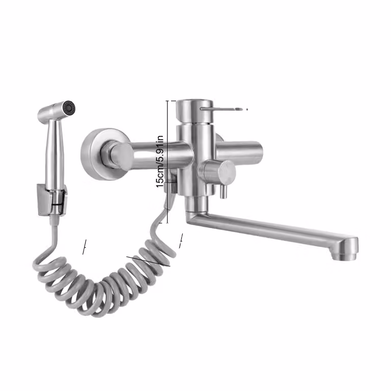 Miscelatore da parete per cucina, bocca girevole a 360°, acciaio inox resistente, argento, G1/2, argento, G1/2