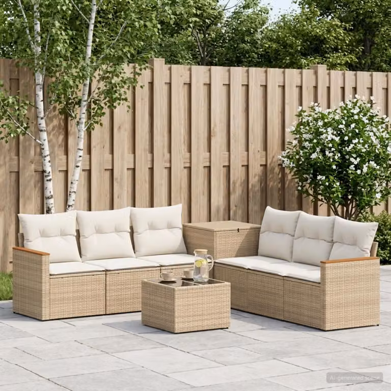 Set di divani da giardino vidaXL in polyrattan beige e bianco crema con cuscini e tavolino da esterno