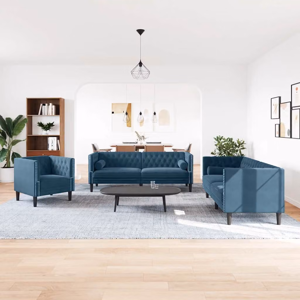 Set di Divani Chesterfield vidaXL in Velluto Blu con Cuscini, Composto da un Divano a 3 Posti e un Divano a 2 Posti con Struttura in Legno Solido – 1