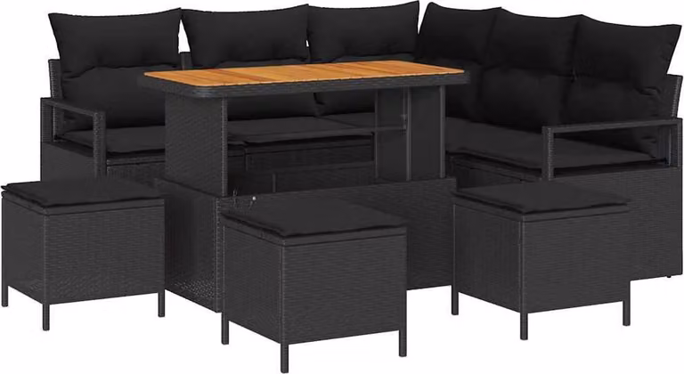 Set Divano da Giardino con cuscino 9 pcs Nero polyrattan