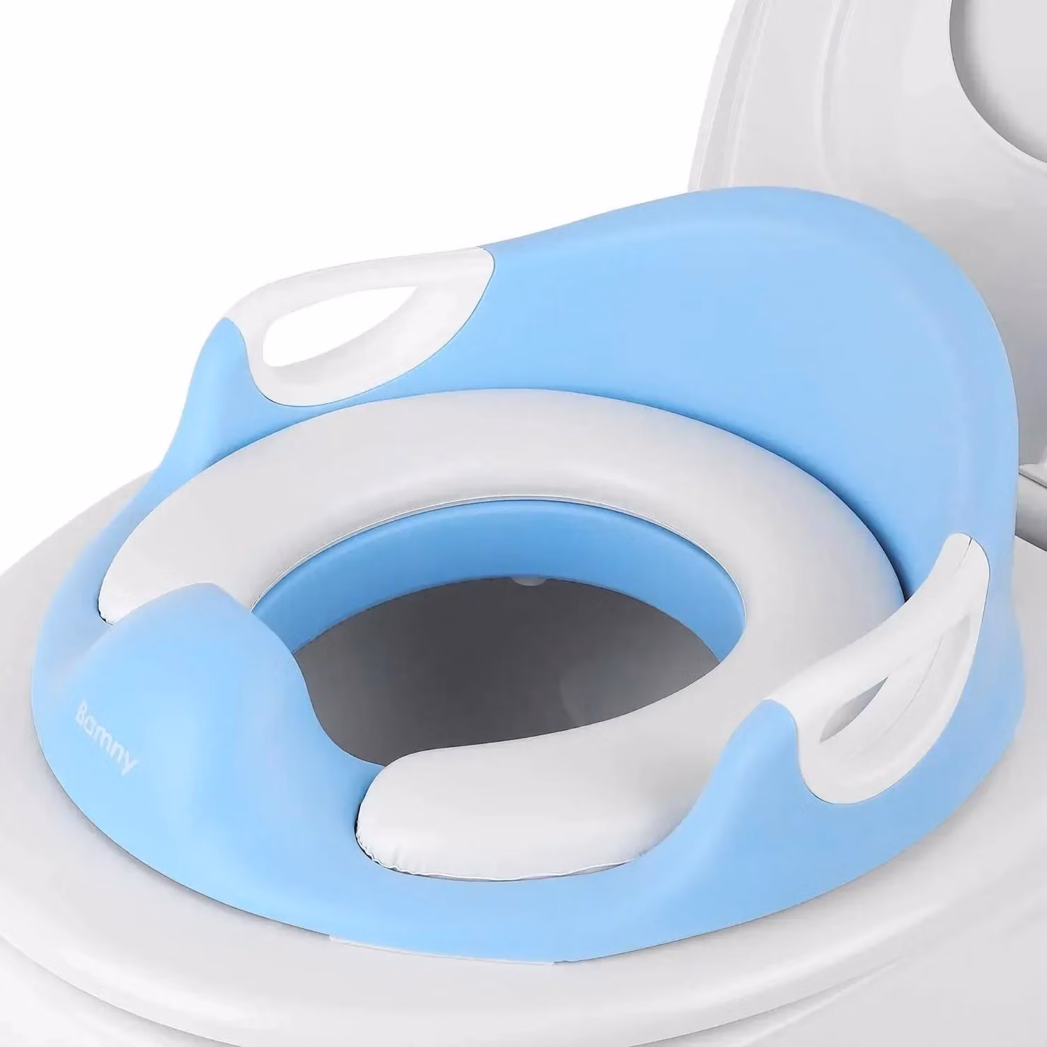 Educatore per bambini - Riduttore per wc - Con paraspruzzi - Maniglie - Schienale - Plastica PP - Blu cielo