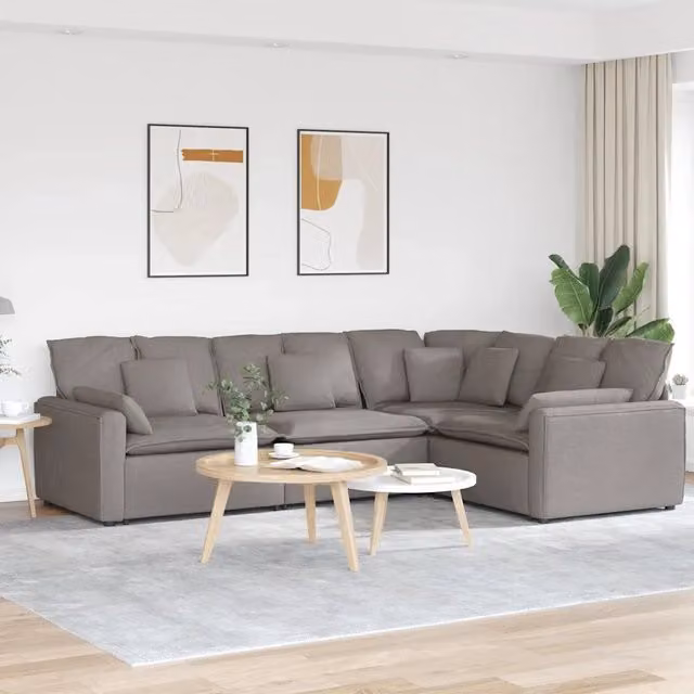 Divano Modulare con Cuscini in Tessuto Tortora 3321152