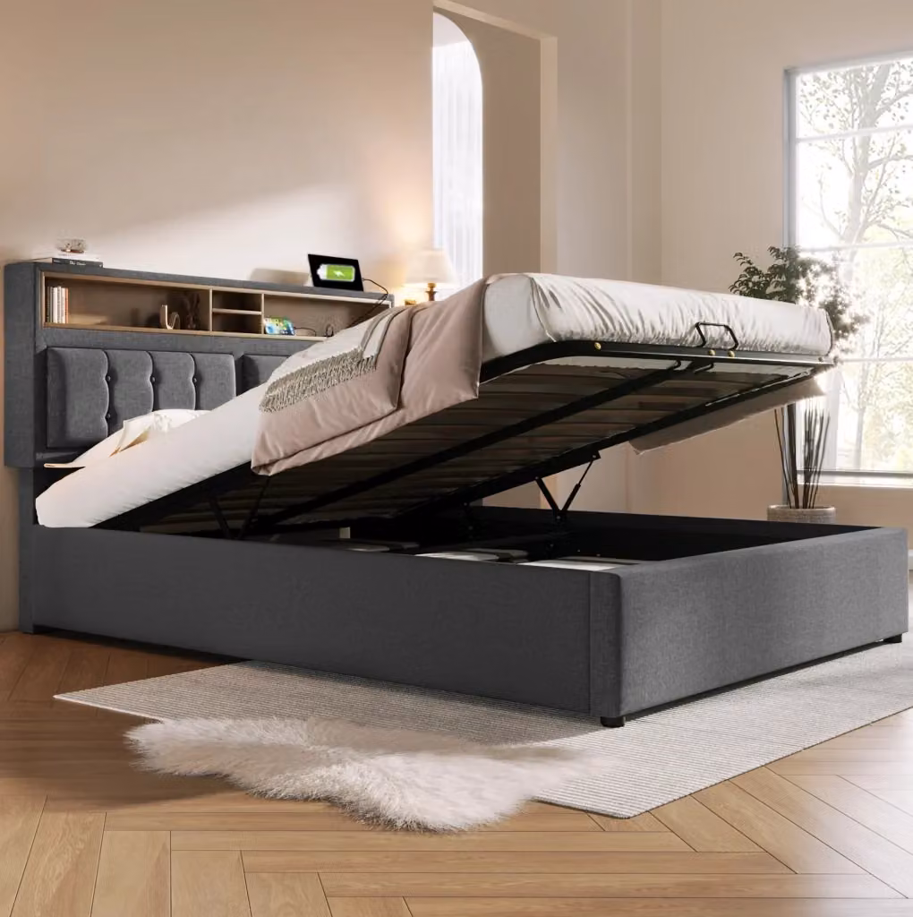 Letto matrimoniale MODFU imbottito con contenitore a sollevamento, porta USB e mensola integrata, grigio, L/P/H: 143 x 204 x 104 cm – 2
