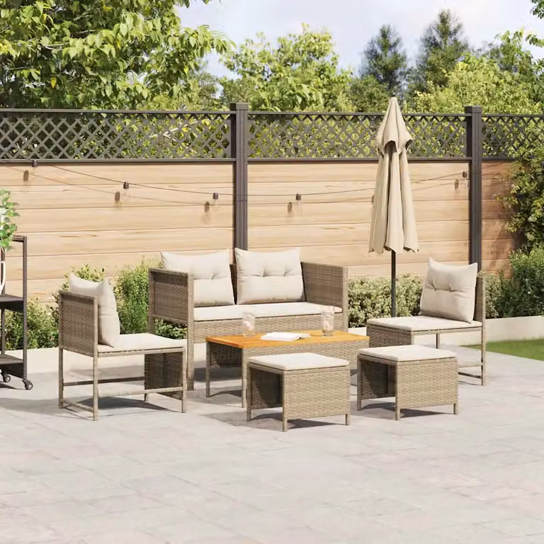 Set Divano da Giardino vidaXL 6 pz Moderno Beige e Bianco con Poltrone, Tavolino e Ottoman in Polyrattan e Acciaio