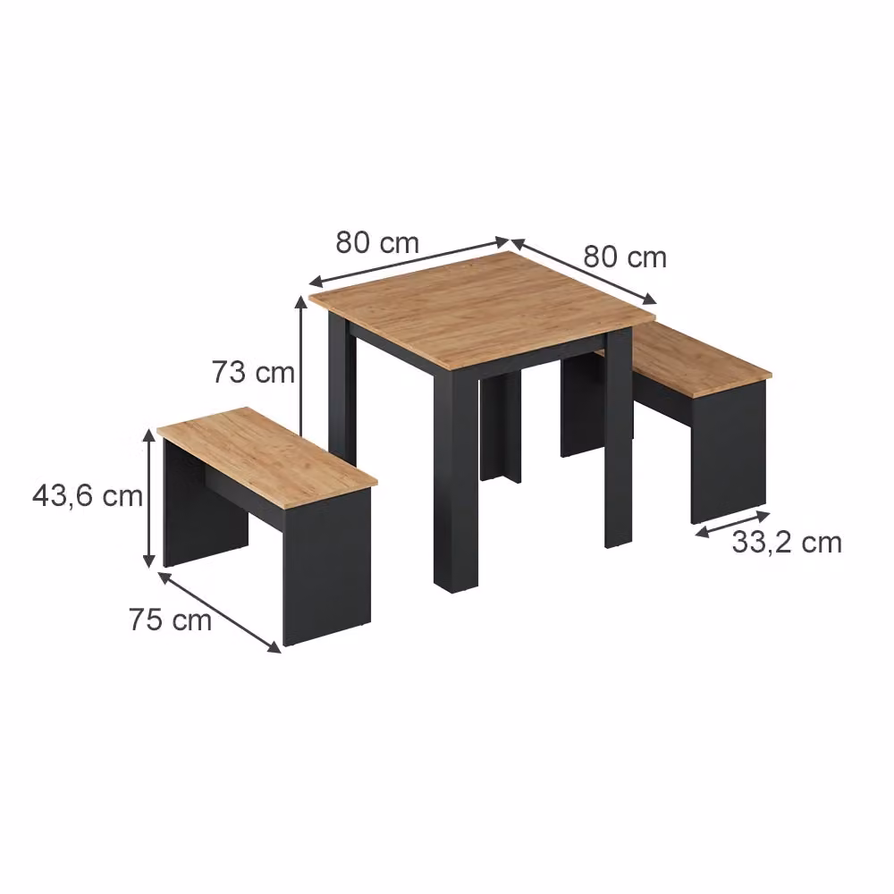 Set di tavolo da pranzo Sentio Vicco con 2 panche, Antracite e Rovere dorato, L/P: 80 x 80 cm – 2