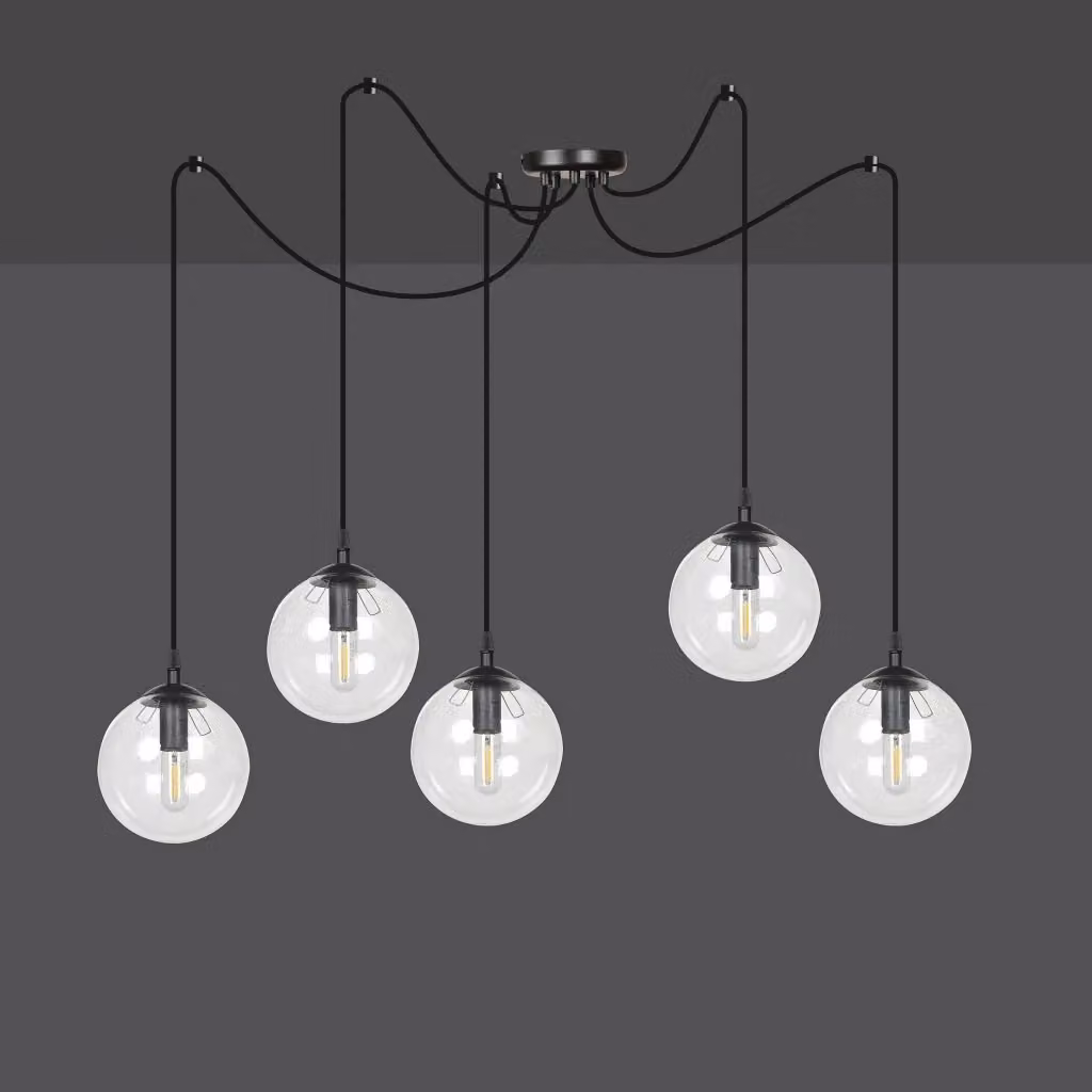 Lampadario a sospensione moderno Emibig GIGI in metallo nero e vetro trasparente, dimmabile e con altezza regolabile, 5 x E14, IP20 – 2