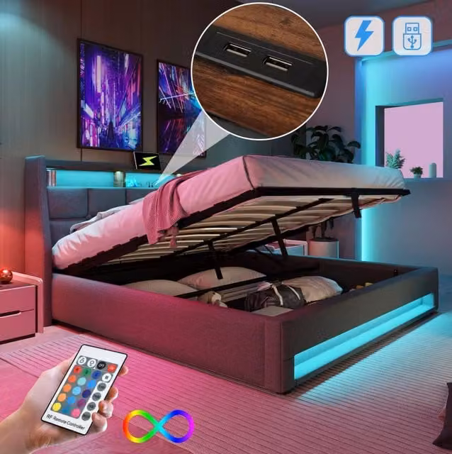 Letto matrimoniale 180x200 cm in tessuto effetto lino grigio con LED; USB e contenitore