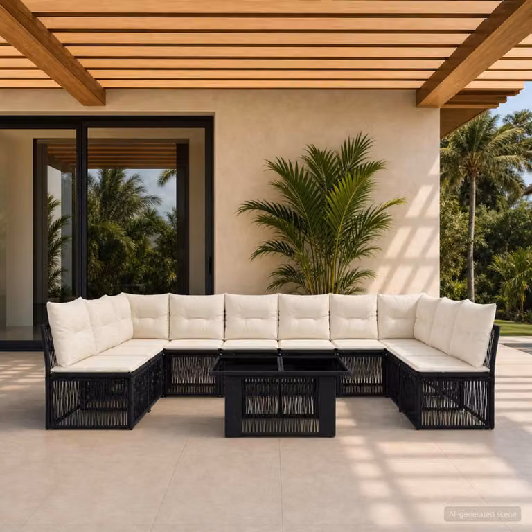 Set Divano da Giardino vidaXL 11 pz in Polyrattan Nero con Cuscini e Tavolino