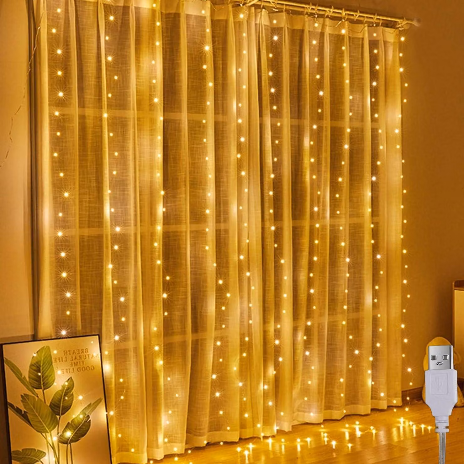 Tenda luminosa a LED, luce calda, alimentazione USB - 2 x 2 metri - 200 LED - Per uso interno