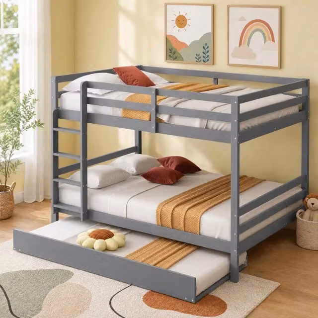 Letto a castello 140x200 cm con letto estraibile; scala; pino e MDF; grigio