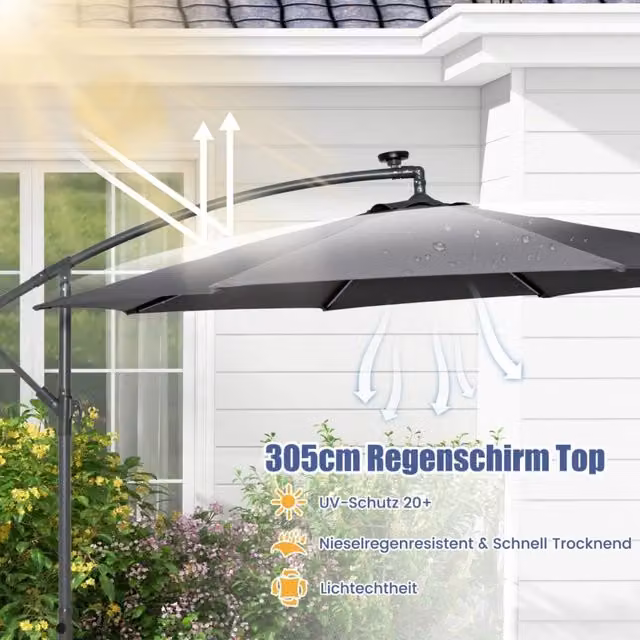 Ombrellone da Giardino a Braccio Ø300 cm con 32 Luci LED Solari Manovella e Sacche Zavorra Parasole Grigio