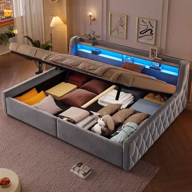 Letto contenitore 140 × 200 cm con LED e vano idraulico, senza materasso, in flanella, grigio