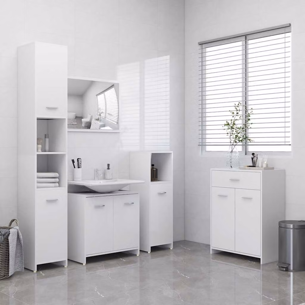 Set di mobili da bagno moderno vidaXL in 4 pezzi bianco opaco composto da base lavabo, pensile, mobile laterale e colonna alta