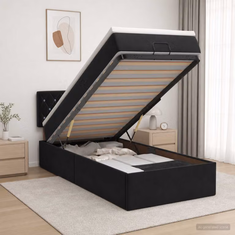 Letto ottomano con materasso vidaXL in velluto nero, L/P/H: 200 x 90 x 88 cm