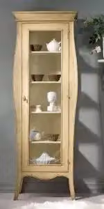 Vetrina KIVIO Shabby Chic in Legno con Anta in Vetro, Colore Bianco e Beige, H: 204 cm, L: 48 cm, P: 71 cm