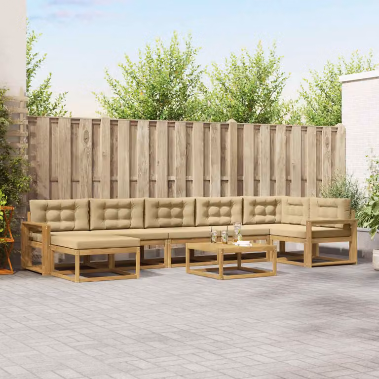 vidaXL Set di divani da esterno a L in legno di acacia con pouf e tavolino, 8 pezzi, Bianco e Beige