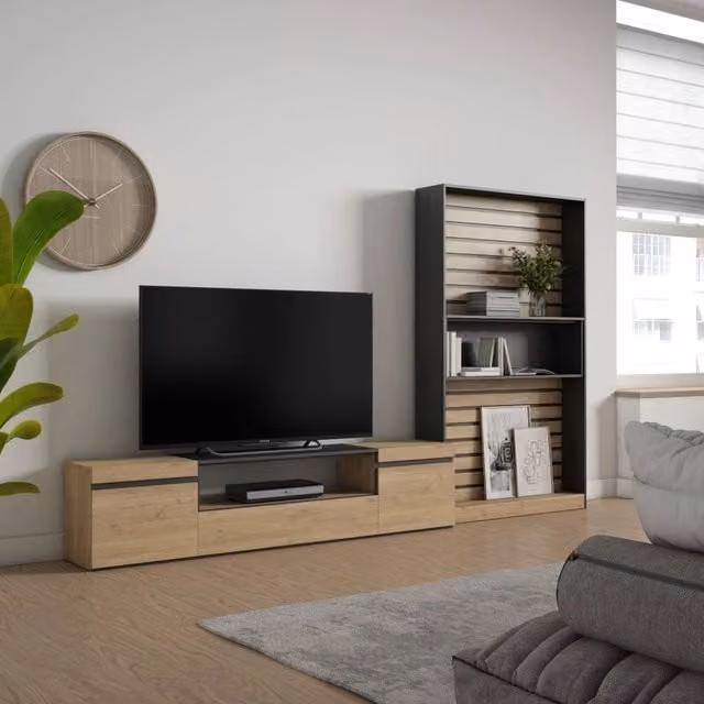Mobile TV, Soggiorno, 310x35x186cm, Per TV fino a 80", Set di mobili, colore Rovere e nero RF2856