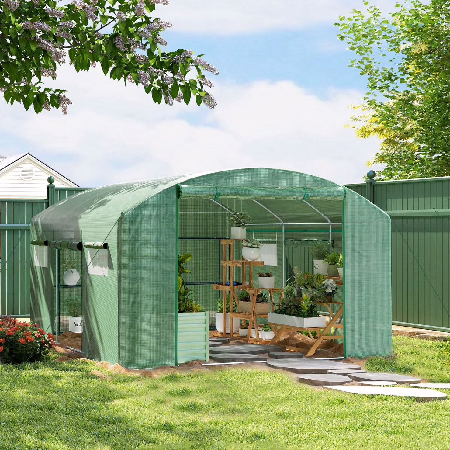 Outsunny Tunnel di Coltivazione Verde con Struttura in Acciaio Zincato, 6 Finestre e 3 Porte Avvolgibili, L/P/H: 400 x 300 x 200 cm – 2