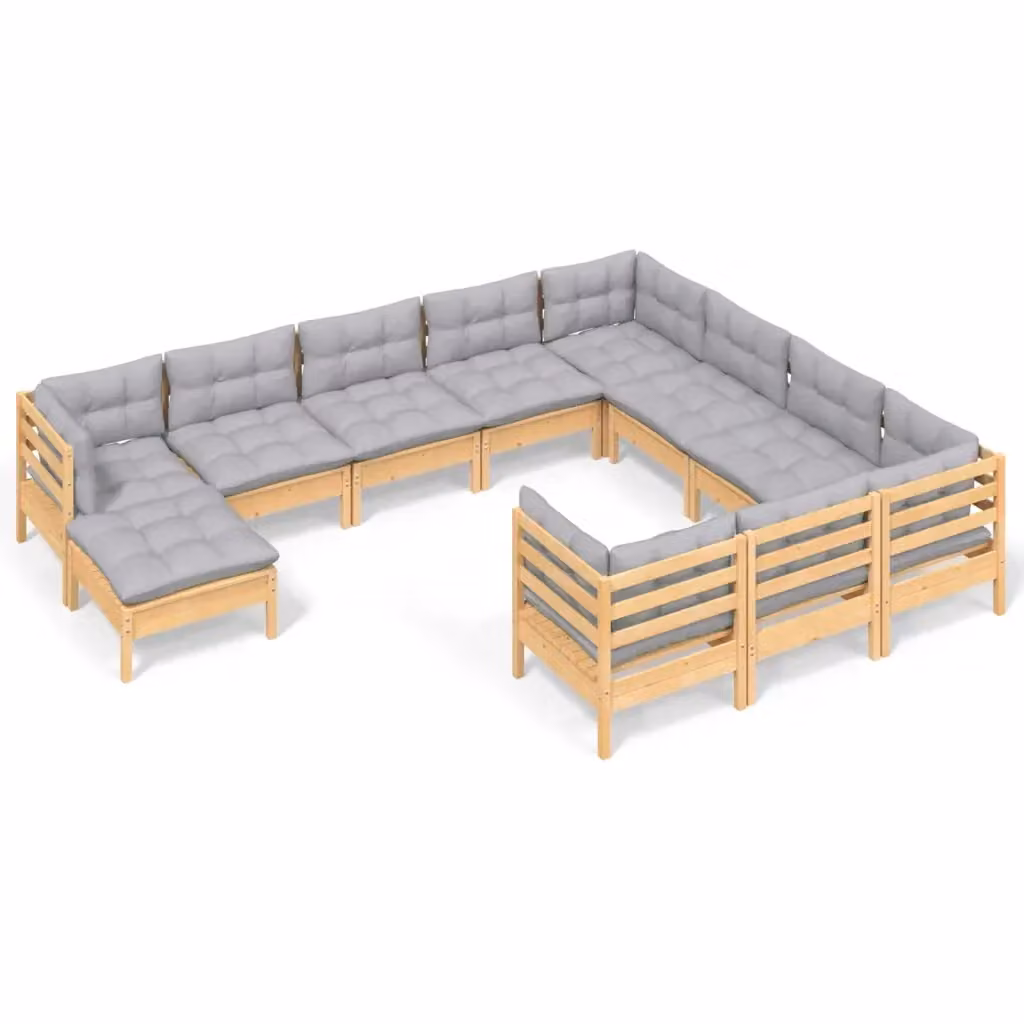 Set di Divani da Giardino vidaXL in Legno di Pino con 11 Pezzi e Cuscini Grigi – 2