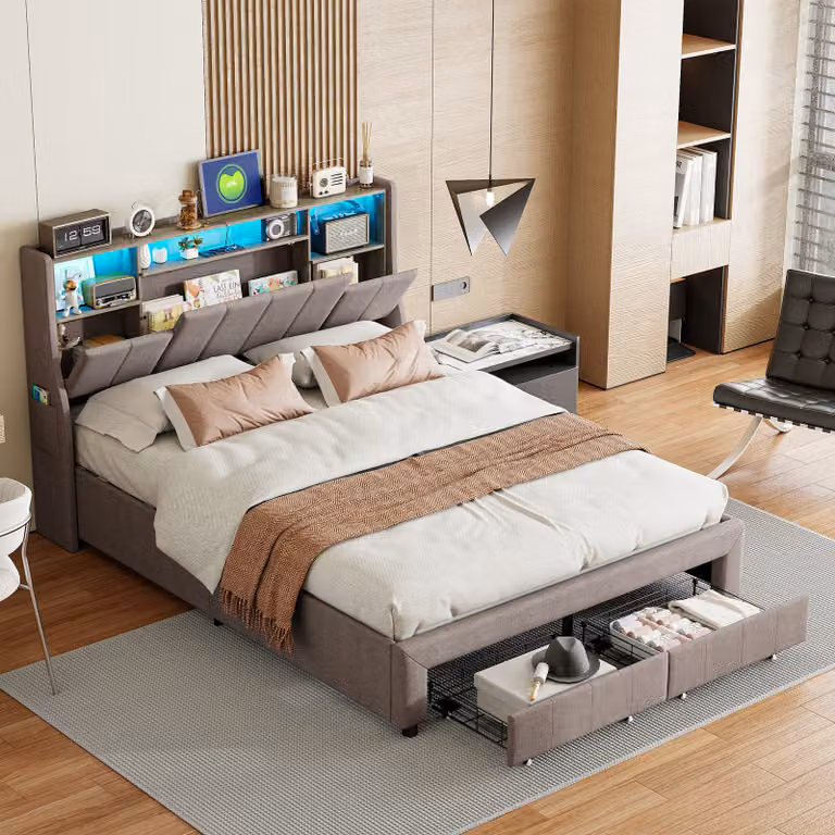 Letto imbottito 140x200 cm con rete a doghe, letto con contenitore, letto matrimoniale con testiera contenitore e LED, lino, grigio