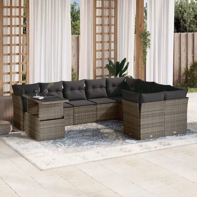 Set Divano da Giardino 10 pz con Cuscini Grigio in Polyrattan 3266850