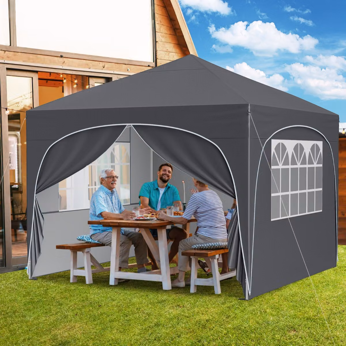 Costway Gazebo richiudibile con 4 pareti rimovibili e borsa con ruote, Riparo sole pieghevole Grigio, L/P: 300 x 300 cm