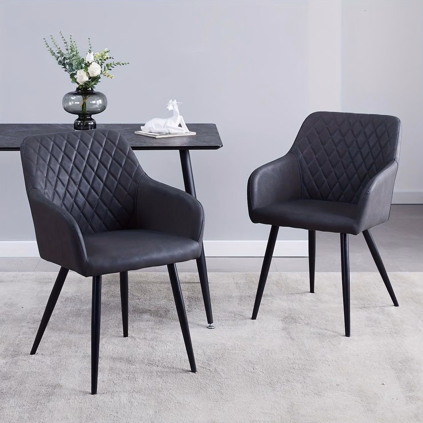 Set di poltrone da salotto - Poltrona - Sedia da pranzo - Sedia da scrivania - Rivestimento in ecopelle grigio scuro - Gambe in metallo