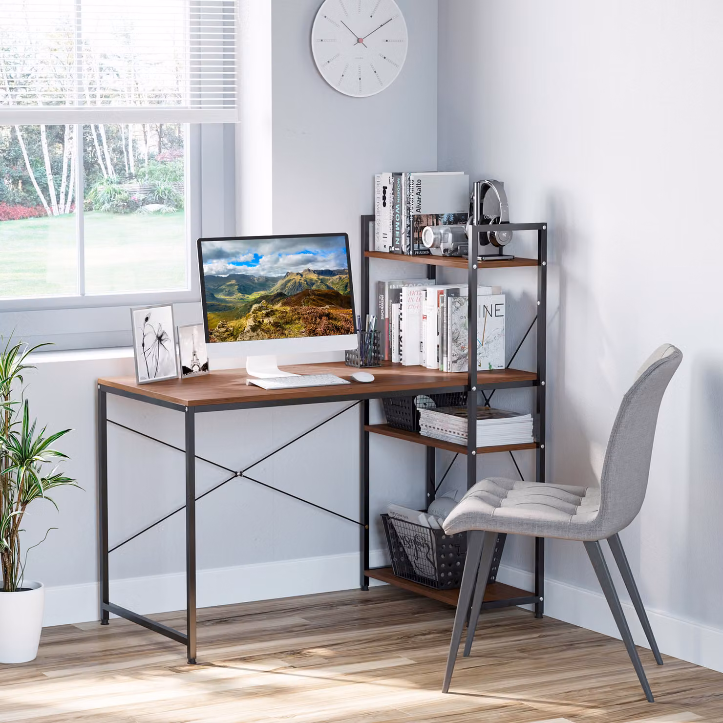 Scrivania angolare HOMCOM in stile industriale con libreria e 3 ripiani, finitura effetto noce e struttura in metallo nero – 2