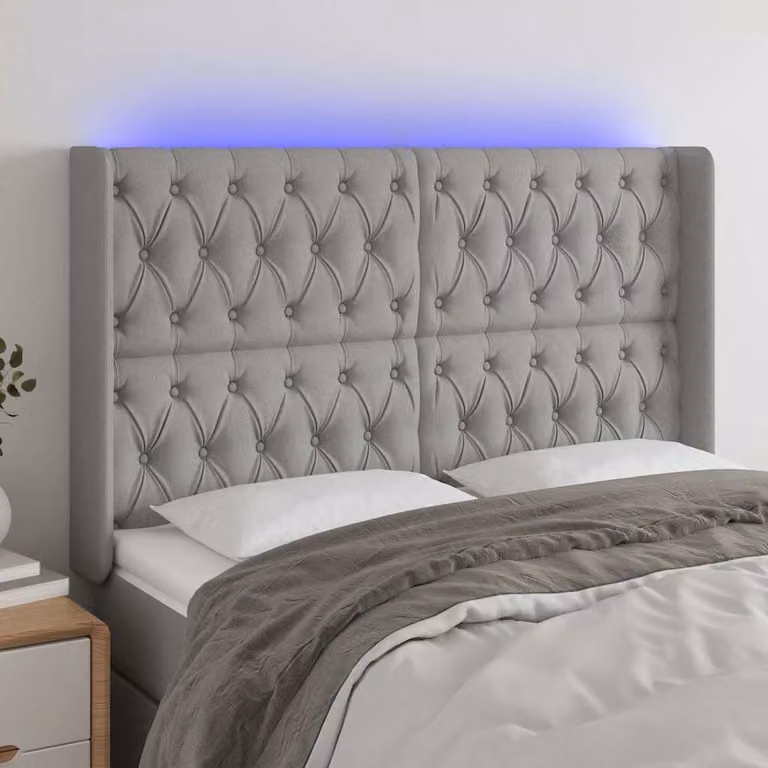 vidaXL Testiera per Letto Moderna in Tessuto Grigio con Illuminazione LED e Porte USB, L: 147 cm, P: 16 cm, H: 118-128 cm