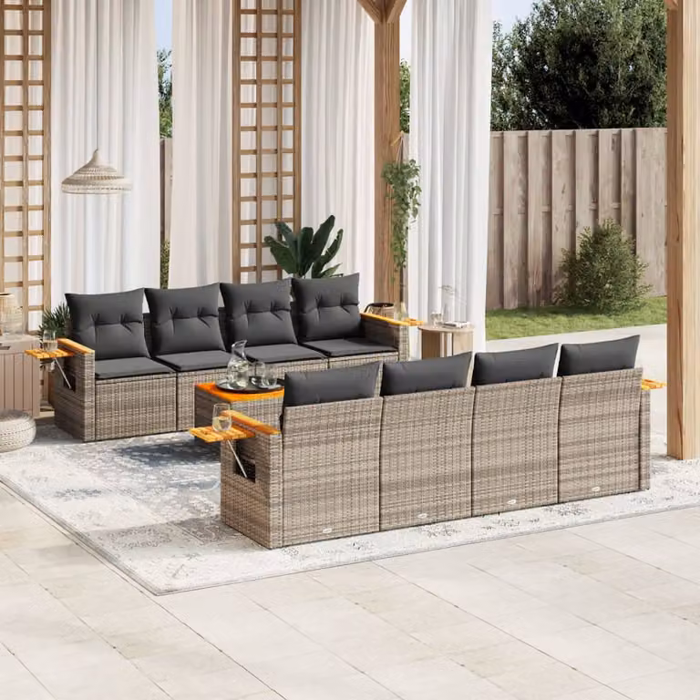 vidaXL Set Divano da Giardino 9 pz in Polyrattan Grigio con Cuscini e Tavolino da Caffè