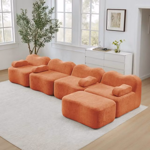 Divano angolare modulare 384.0x167.0x70.0 cm 4 posti con pouf e forma ondulata in velluto arancione