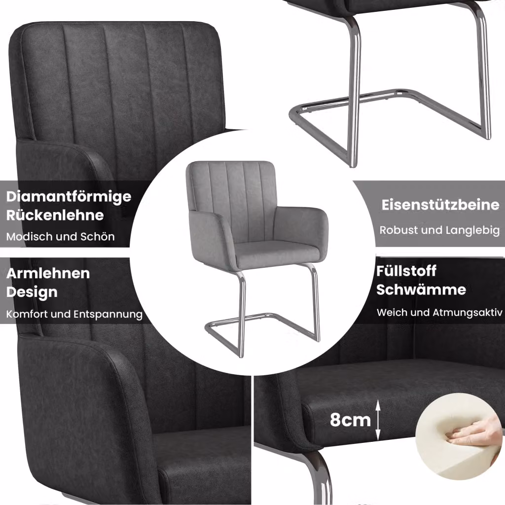 Set di 2 sedie da pranzo moderne REDOM in pelle PU nera e metallo con braccioli, L/P/H: 64,01 x 57,2 x 57,2 cm – 2