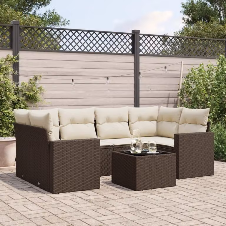 vidaXL Set Divani da Giardino 7 pz in Polyrattan Marrone con Cuscini e Tavolino da Esterno