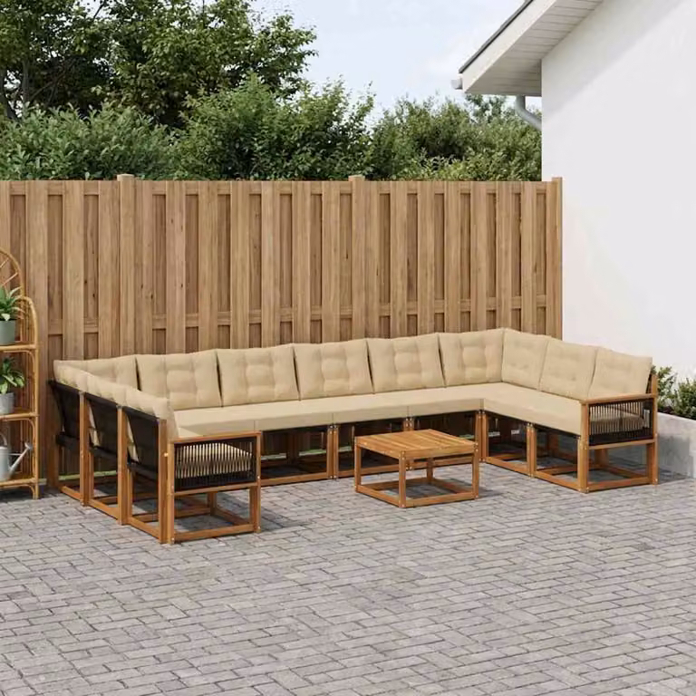 Set di divani da esterno vidaXL 11 pezzi in legno di acacia e textilene, colore marrone e beige, con forma a L, tavolo da caffè e cuscini inclusi