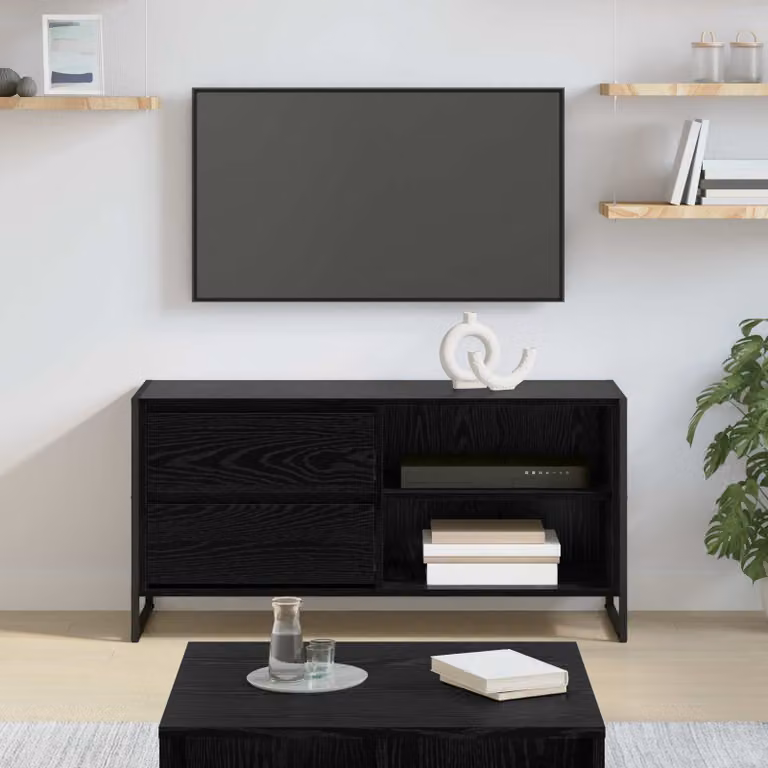 Mobile TV vidaXL in stile industriale, colore nero e rovere, con ruote, L 100 cm x P 36 cm x H 49,5 cm