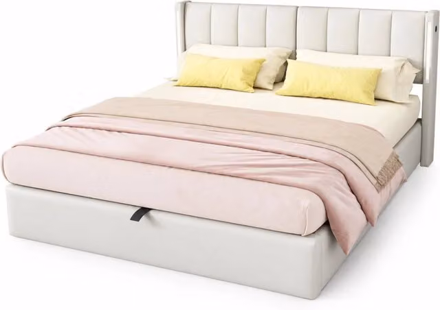 Letto matrimoniale 140x200 cm con contenitore; LED e USB-C; testiera regolabile; PU bianco
