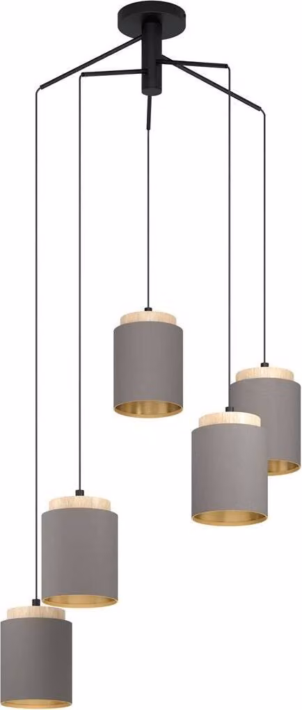 Lampada a sospensione a 5 fiamme HxØ 110x70 cm nero/legno paralume cappuccino interno oro