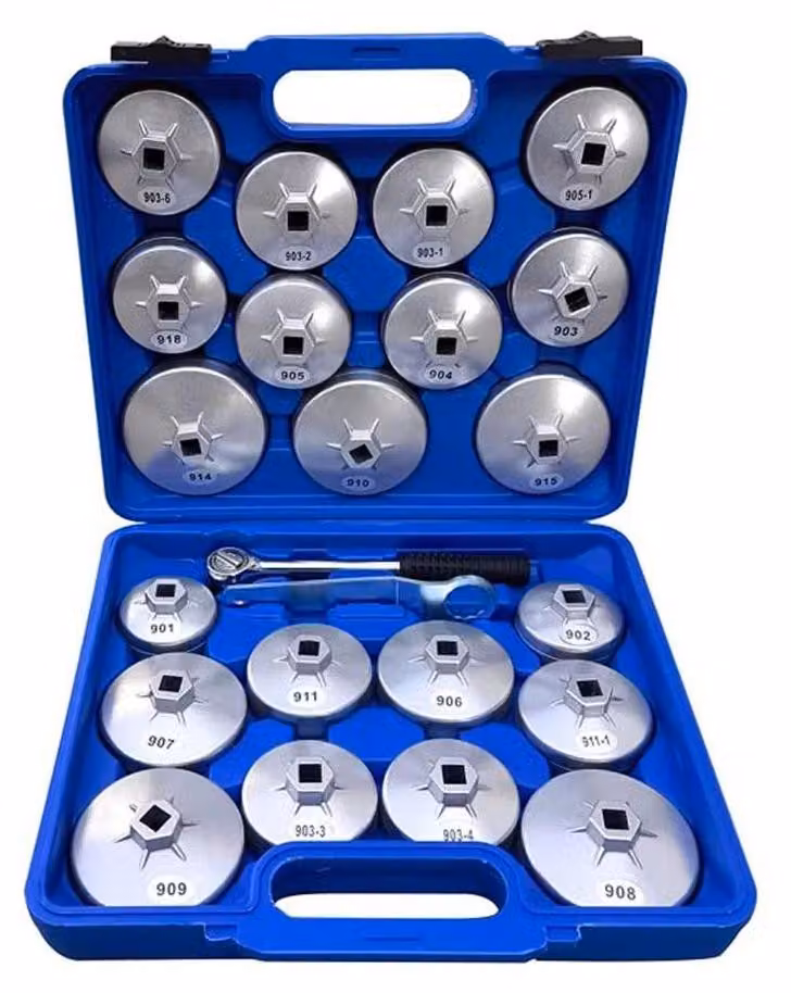 Set di chiavi a cappuccio per filtri dell'olio - 23 pezzi - Realizzato in lega di alluminio - Attacco quadrato da 1,27 cm - Adatto per la riparazione di veicoli - Include una custodia per il trasporto e la conservazione