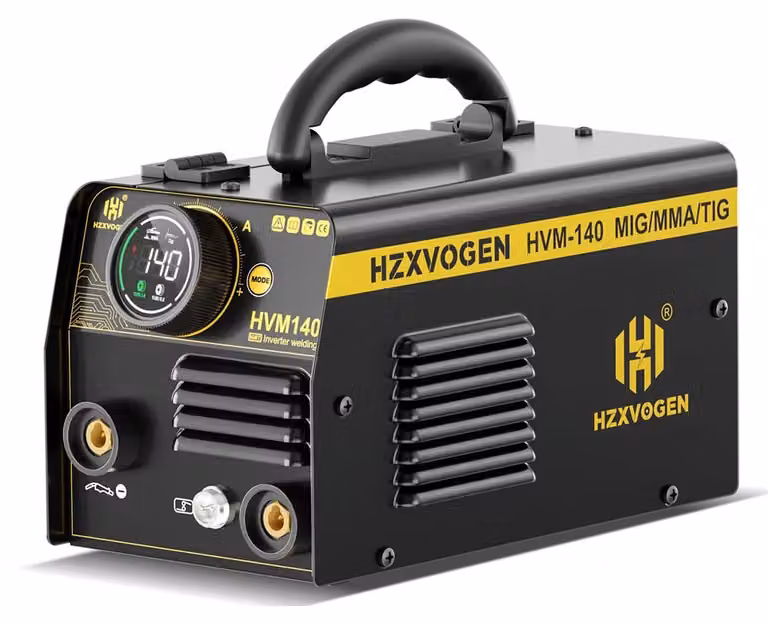 Saldatrice inverter multifunzione HVM140: 3 funzioni in 1 – MIG senza gas – MMA/ARC – TIG (con accensione a sollevamento) – Controllo sinergico – 140 A – 220–240 V, spina europea