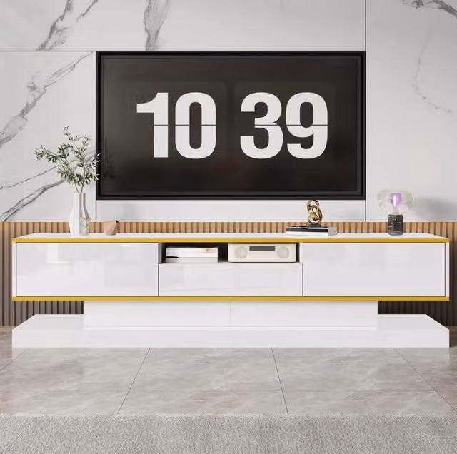 Mobile TV bianco lucido con LED RGB, 3 cassetti, 180 cm