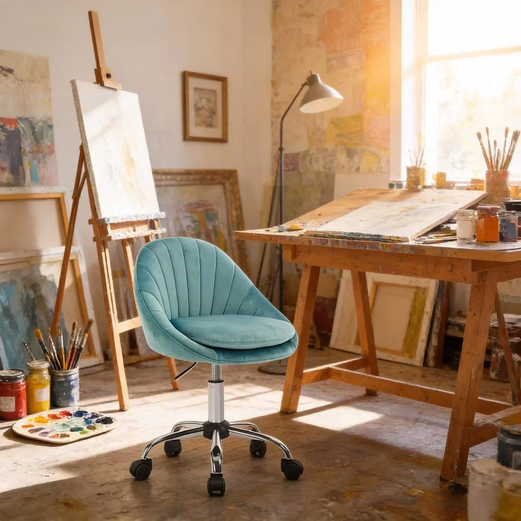 Sedia da Ufficio Ergonomica Girevole a 360 con Ruote in Velluto e Metallo Turchese – 2