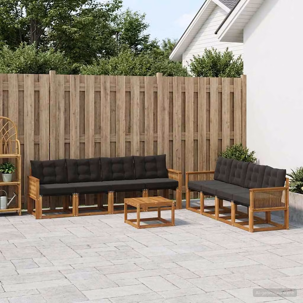 Set di divani da esterno vidaXL 9 pz in legno di acacia e textilene, colore marrone e nero, con cuscini inclusi