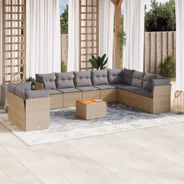 Set Divano da Giardino a Forma di U vidaXL in Polyrattan con Cuscini Beige e Grigio, 11 Pezzi – 1