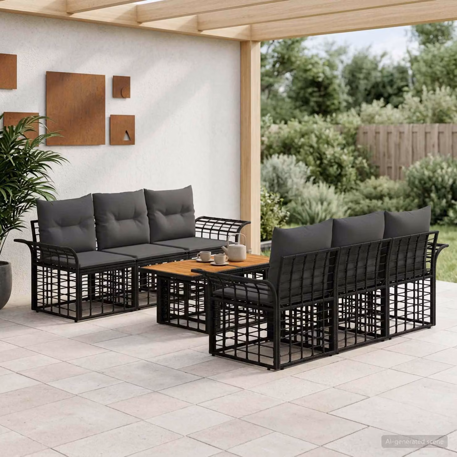 Set Divano da Giardino vidaXL 7 Pezzi in Polyrattan Nero e Grigio con Cuscini e Tavolino