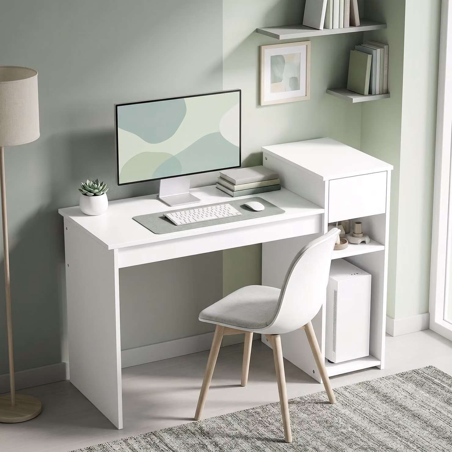 Scrivania HOMCOM per studio e ufficio con cassetto e scaffali, colore bianco, L: 108 cm, P: 50 cm, H: 82 cm – 2