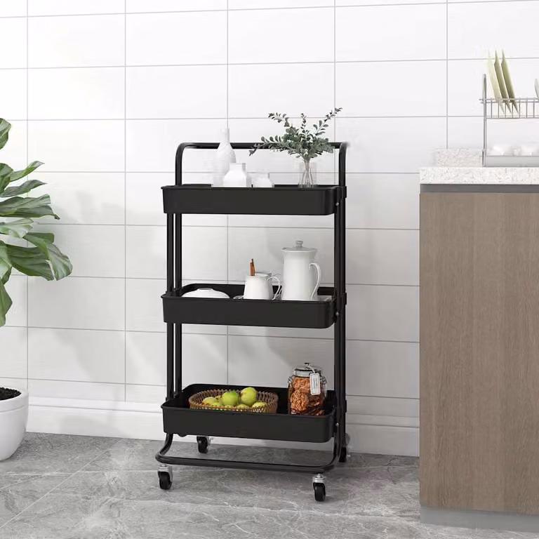 vidaXL Carrello da Cucina Moderno con 3 Ripiani Nero, L 42 cm x P 35 cm x H 85 cm, in Metallo e Plastica con Ruote