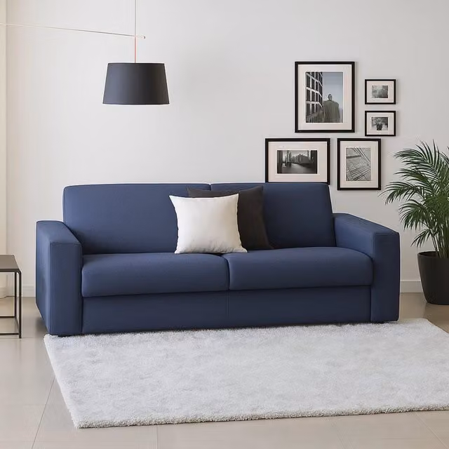 Divano a 2 posti Azier di Talamo Italia, Sofà moderno in tessuto blu per soggiorno, L: 200 cm, H: 90 cm, P: 95 cm – 1