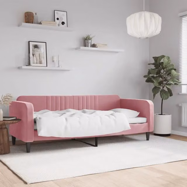 Letto da giorno moderno vidaXL in velluto rosa con struttura in metallo e legno L/P/H: 200 x 90 x 75 cm