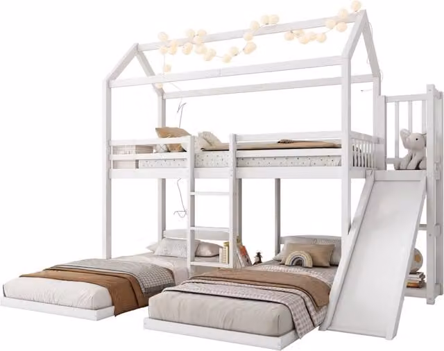 Letto a castello per bambini con scivolo, scala e vano contenitore, colore bianco, L/P/H: 200 x 90 x 160 cm – 1